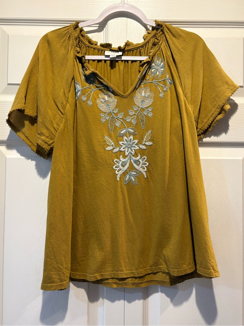 J.Jill mustard yellow embroidered peasant top spring summer boho sz MP